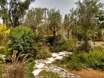 גן ים תיכוני עם נחל חלוקים לניקוז מי גשמים בחורף כרכור